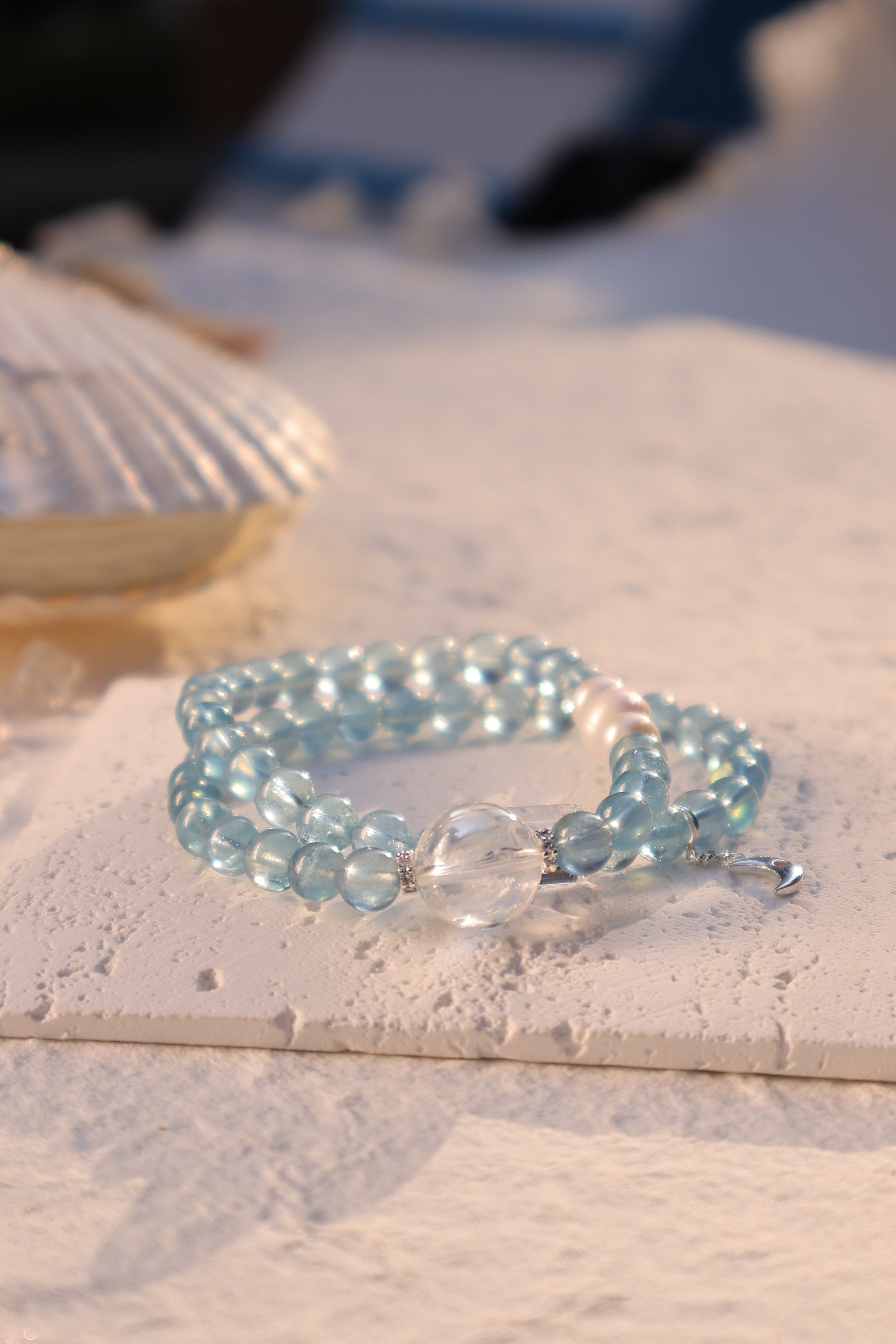 Double Strand Bracelet with Aquamarine, Pearl, and Clear Quartz