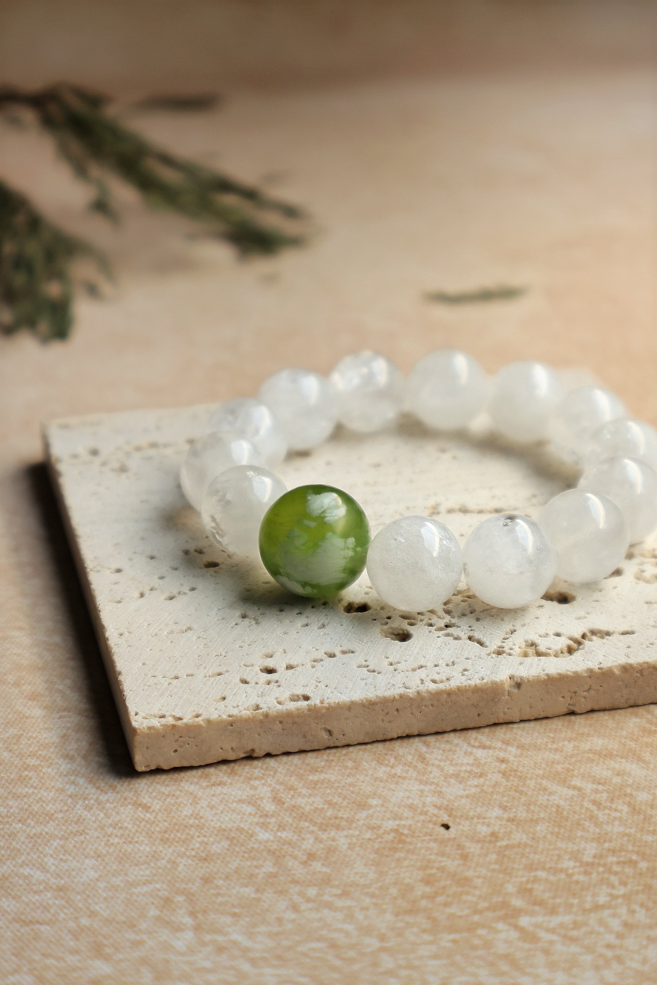 White Phantom Quartz and Xiuyan Jade Bracelet