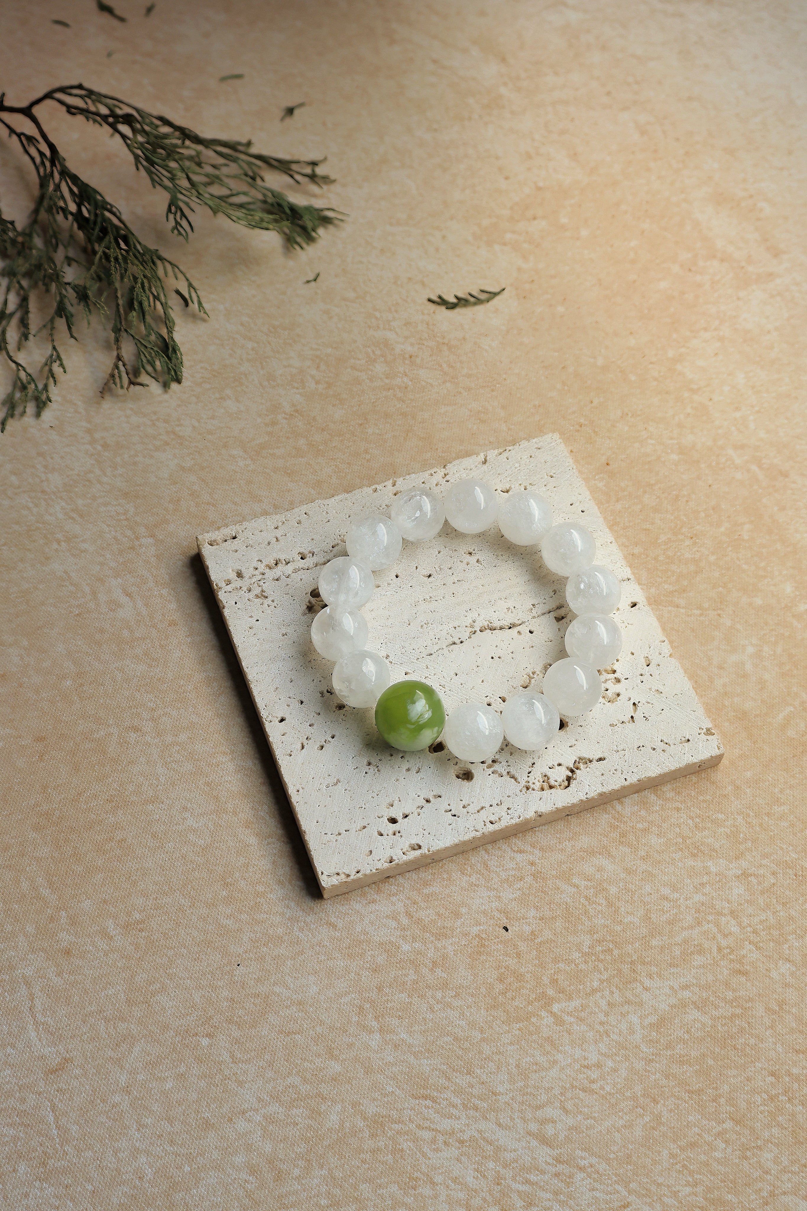 White Phantom Quartz and Xiuyan Jade Bracelet