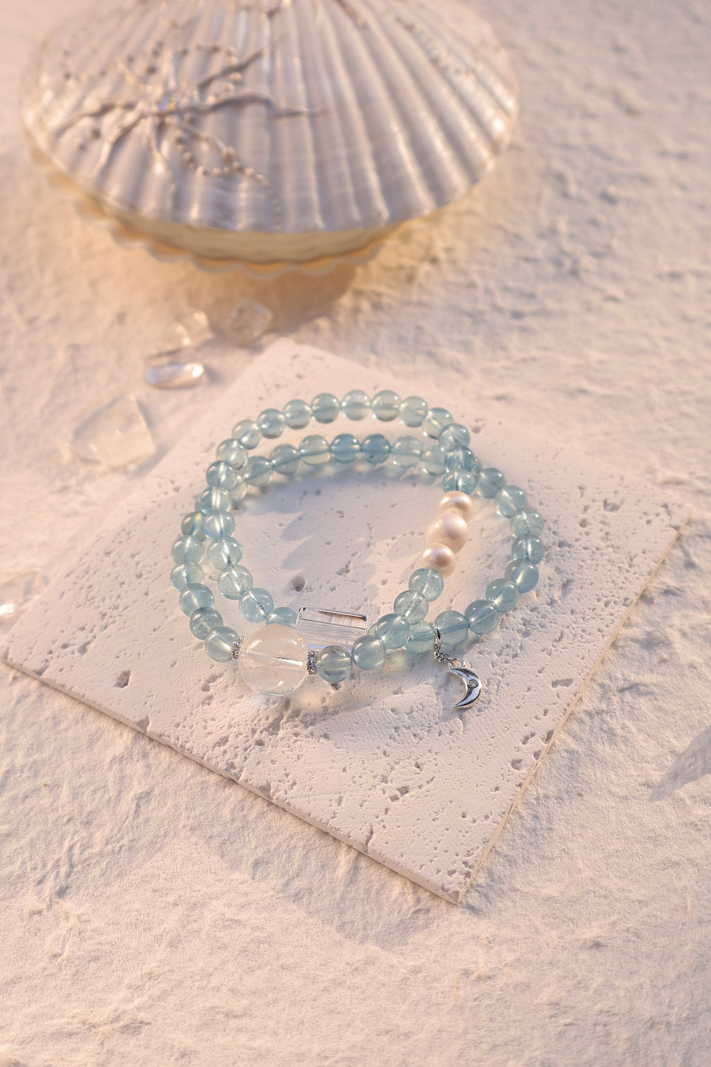 Double Strand Bracelet with Aquamarine, Pearl, and Clear Quartz