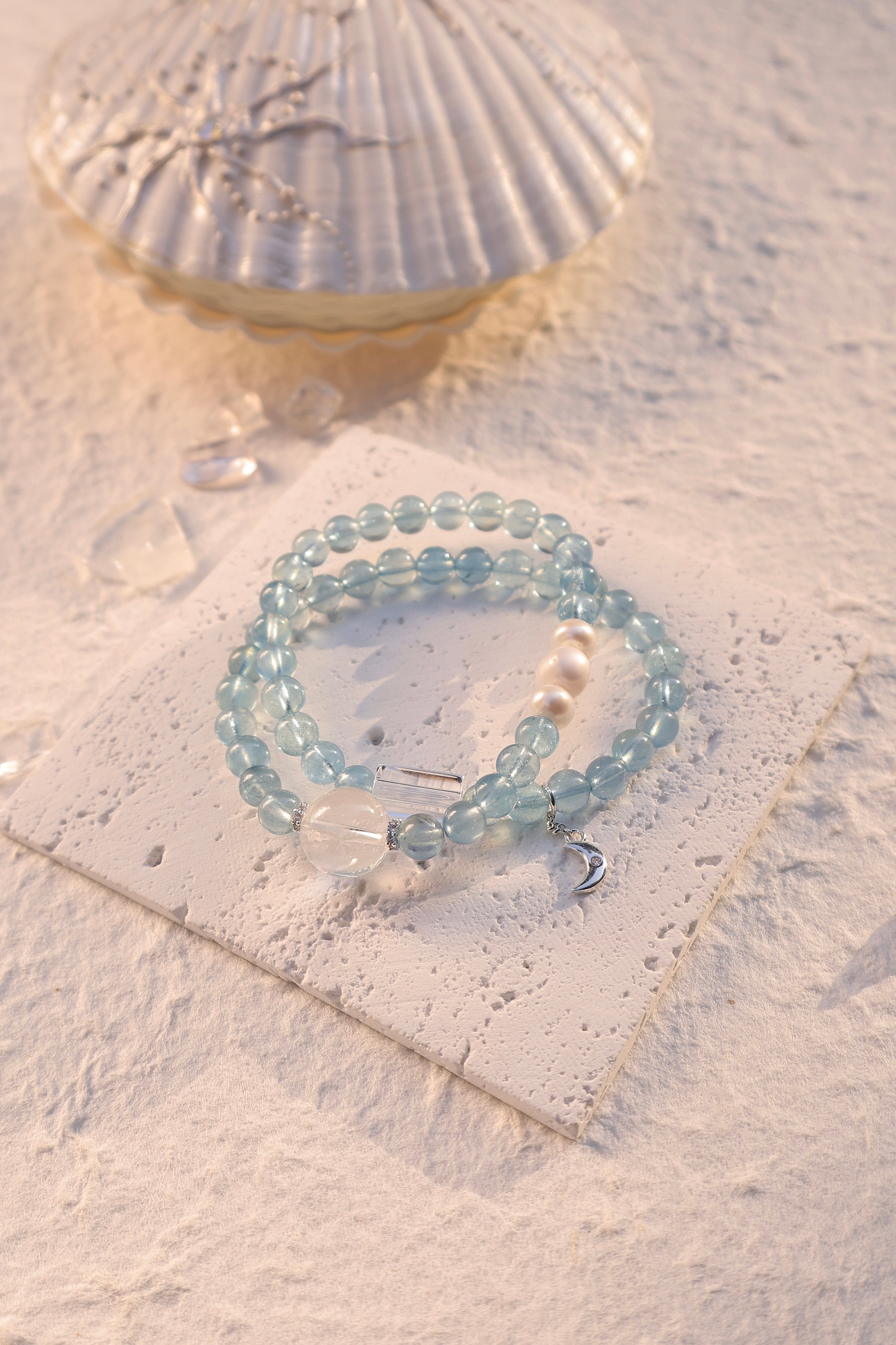 Double Strand Bracelet with Aquamarine, Pearl, and Clear Quartz