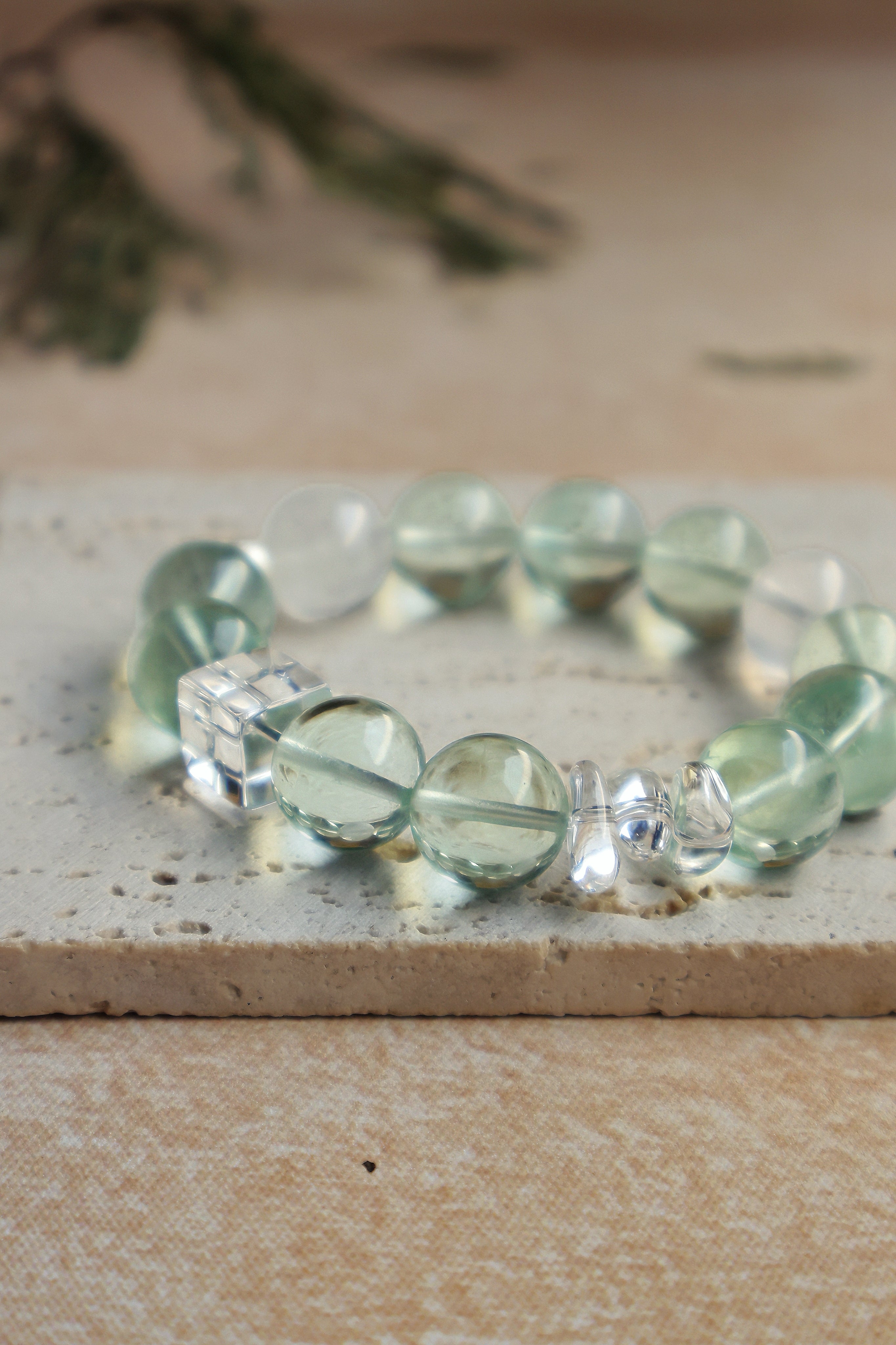 Green Fluorite and Clear Quartz Bracelet